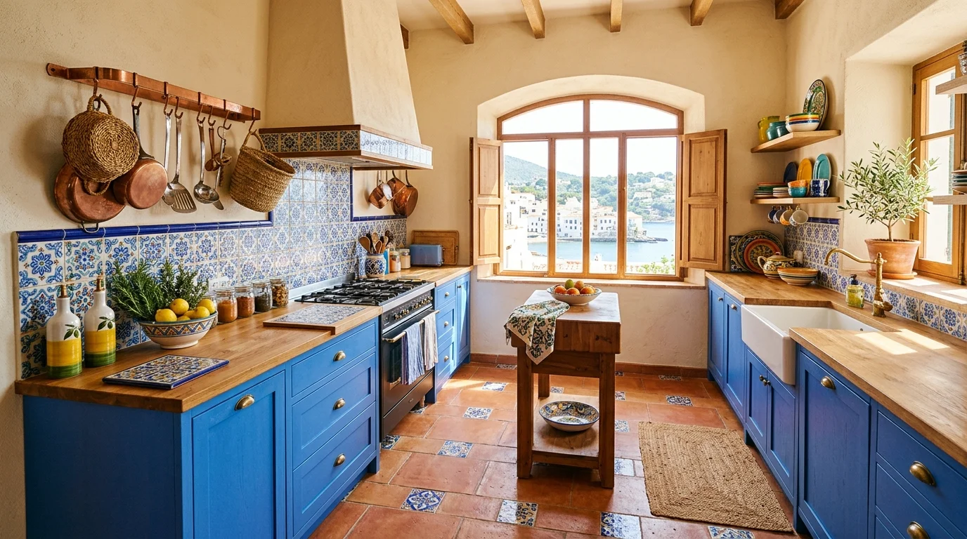 A kitchen with terracotta flooring and blue accent tiles scattered throughout bright lighting colorful Mediterranean flair no people