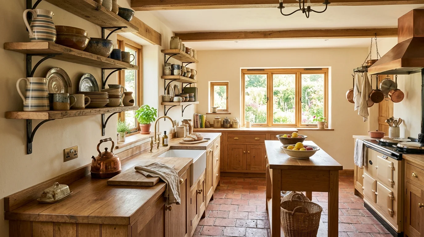 A bright kitchen with terracotta tiles and open shelving displaying ceramics natural daylight warm inviting atmosphere no people