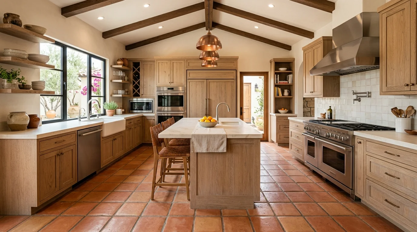 A kitchen with large format terracotta tiles paired with modern appliances bright lighting updated Mediterranean style no people