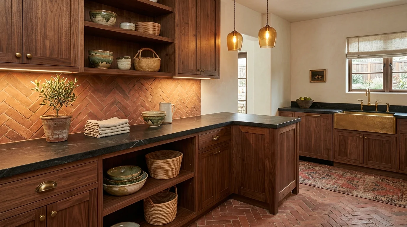 A space with terracotta herringbone tile pattern paired with wood cabinetry warm lighting rich textured design no people