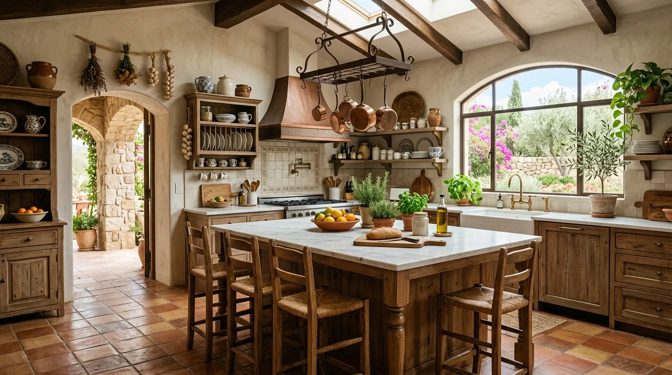 A Mediterranean kitchen with terracotta flooring and a central island surrounded by natural decor bright natural light welcoming layout no people