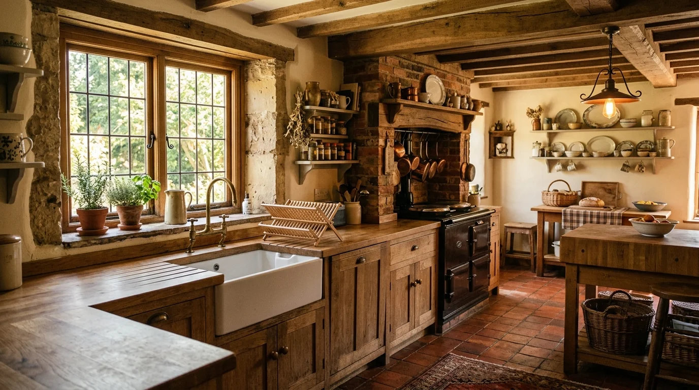 A rustic kitchen with terracotta tiles and a farmhouse sink warm lighting cozy traditional charm no people