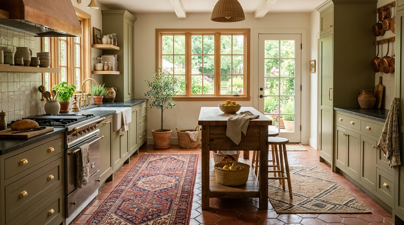 A kitchen with terracotta flooring paired with patterned rugs for layered texture bright natural daylight balanced design no people