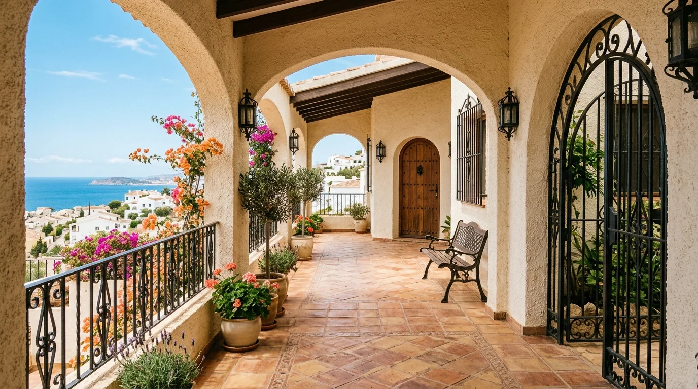 A space with terracotta tiles and wrought iron accents bright lighting classic Mediterranean aesthetic no people