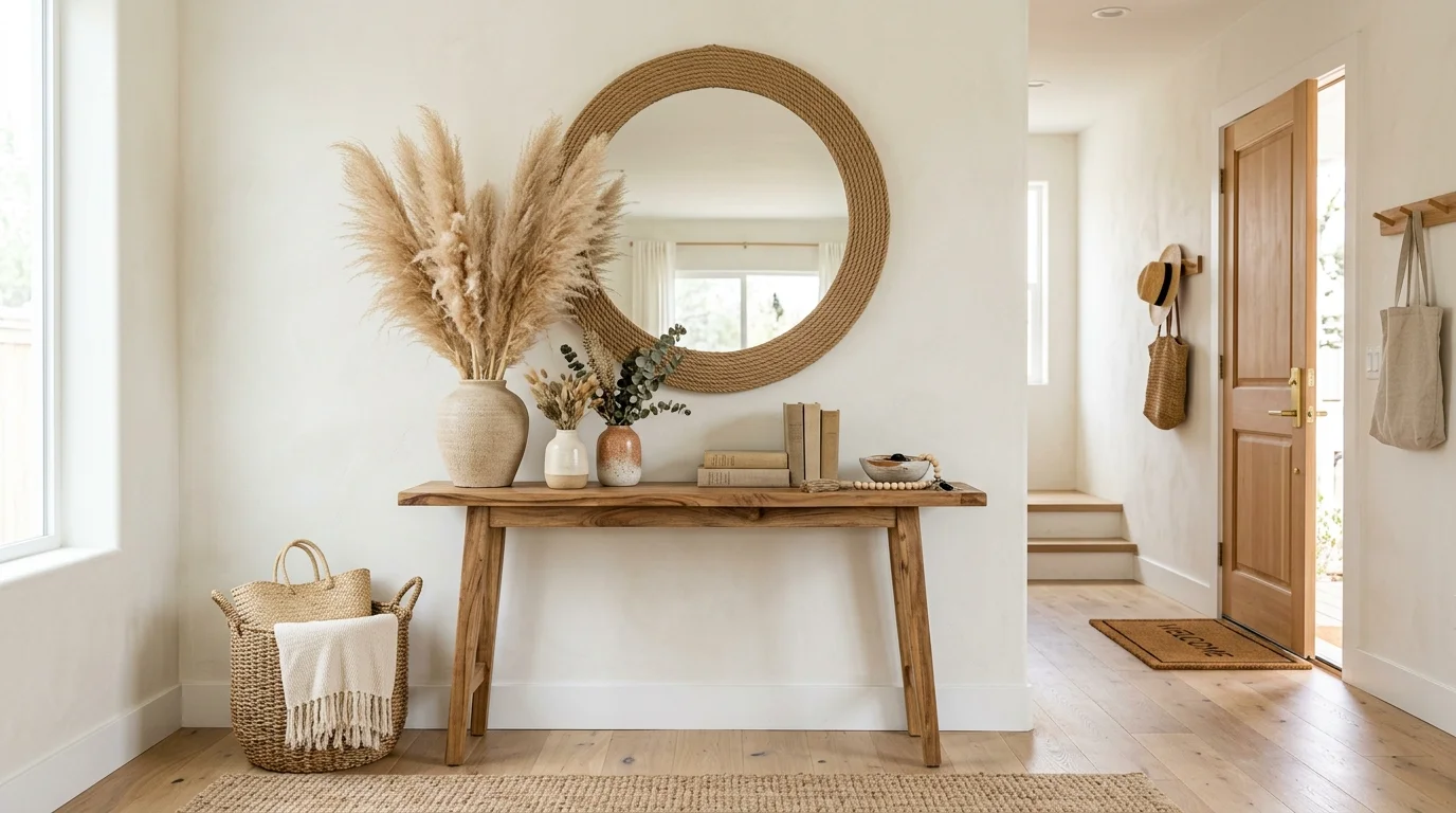 A minimalist boho entryway with a wooden console table, round mirror with rope frame, ceramic vases, and dried pampas grass, soft neutral palette, airy daylight, no people