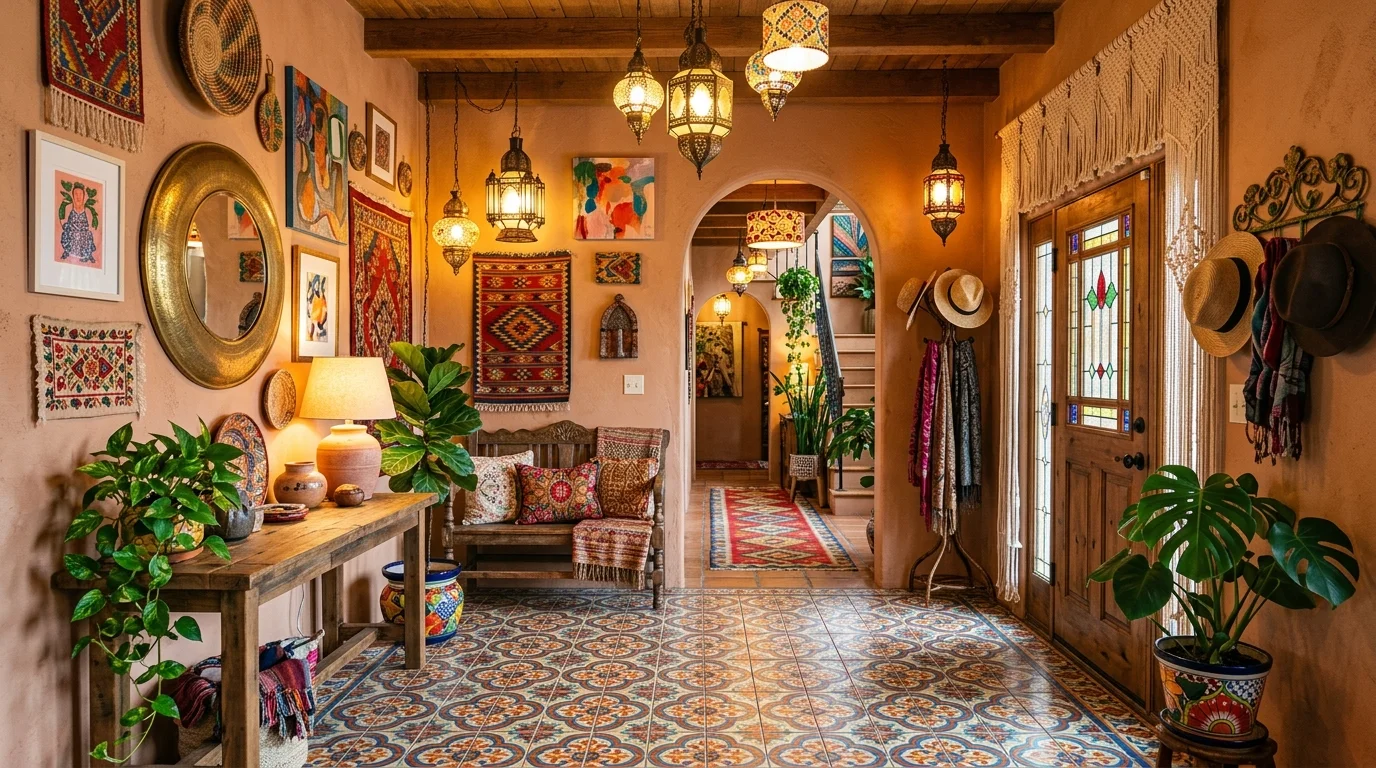 A vibrant boho entryway with colorful textiles, patterned floor tiles, eclectic wall art, and hanging lanterns, warm golden lighting, energetic artistic mood, no people