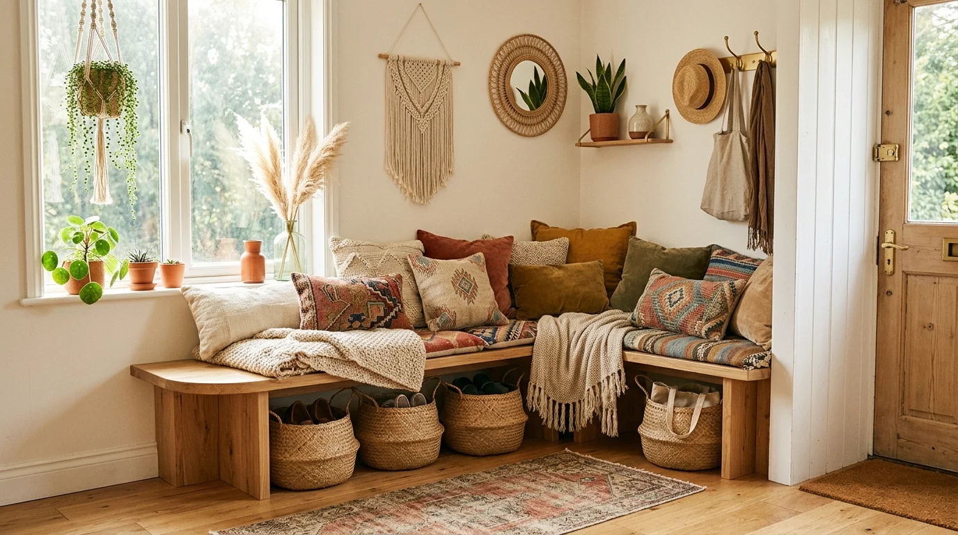 A cozy boho entry nook with built-in bench seating, layered cushions, woven baskets underneath, and greenery accents, soft sunlight streaming in, inviting atmosphere, no people