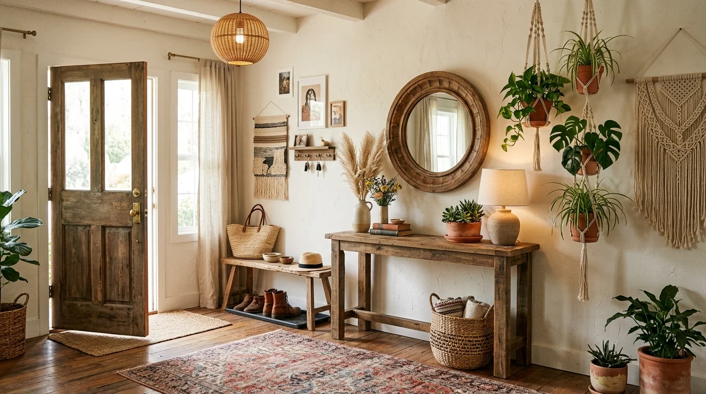 A rustic boho entryway with reclaimed wood furniture, vintage rug, macramé plant hangers, and earthy decor accents, warm ambient lighting, no people