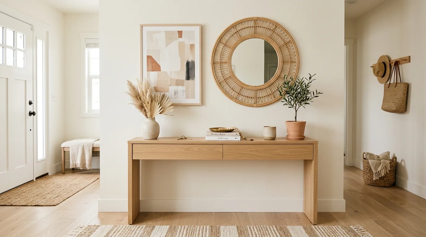 A modern boho entryway with sleek console table, abstract art, rattan mirror, and minimal decor styling, soft neutral tones, clean balanced composition, no people