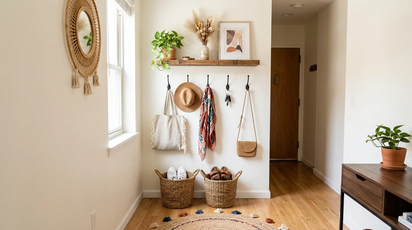 A small apartment boho entryway with wall-mounted hooks, floating shelf, woven storage baskets, and compact design, bright natural light, functional aesthetic, no people
