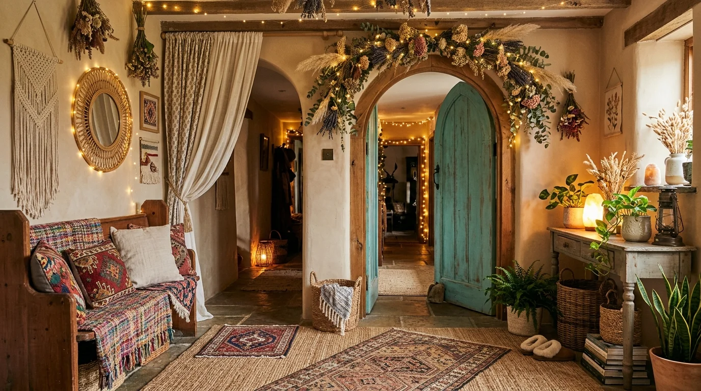 A dreamy boho entryway with fairy lights, hanging dried flowers, soft curtains, and textured rugs, warm cozy glow, romantic relaxed vibe, no people