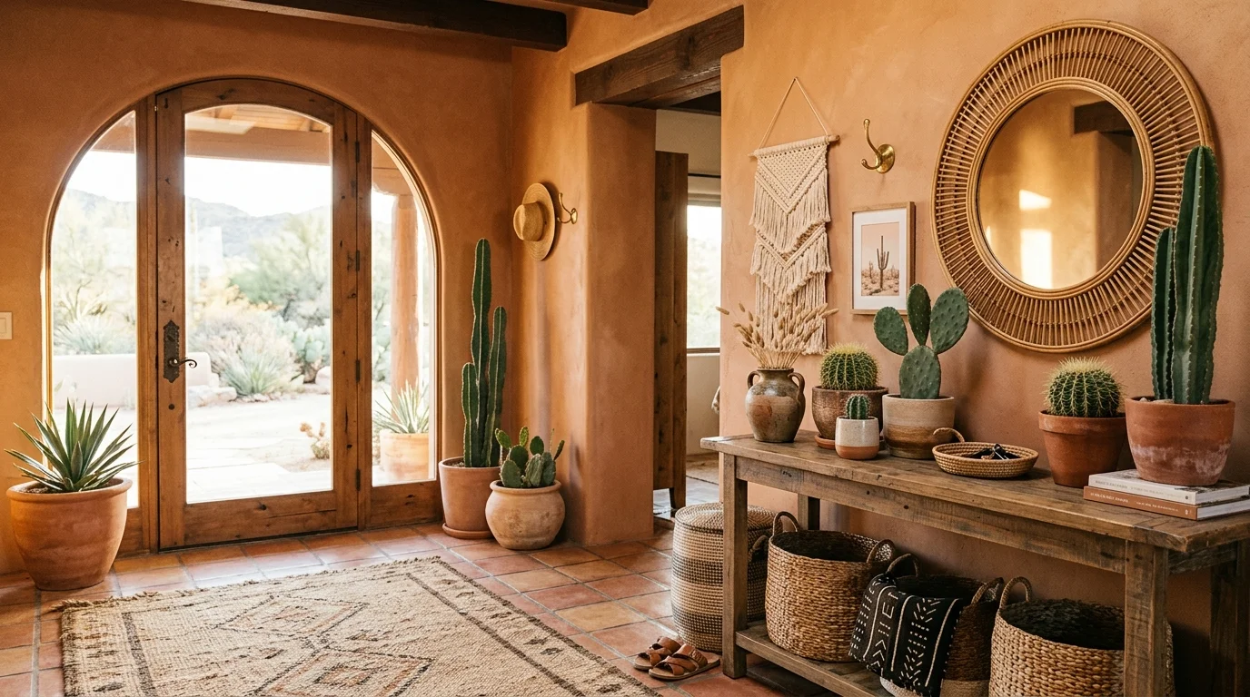 A desert-inspired boho entryway with terracotta tones, cactus plants, woven textures, and sunlit walls, warm earthy aesthetic, no people