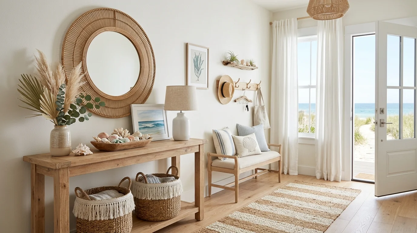 A coastal boho entryway with light wood furniture, seashell decor, airy white textiles, and ocean-inspired accents, bright breezy atmosphere, no people