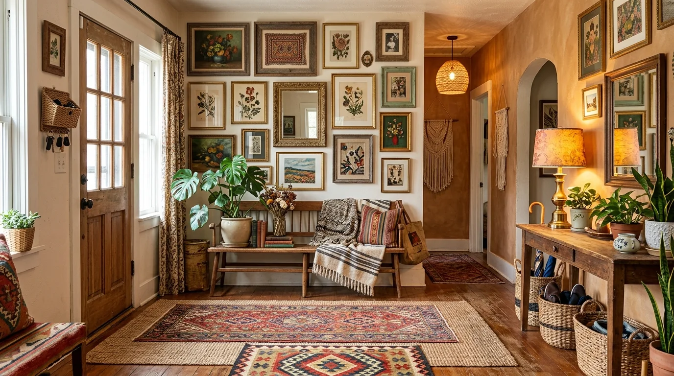 A layered boho entryway with stacked rugs, mixed patterns, eclectic art gallery wall, and natural textures, rich artistic expression, warm lighting, no people