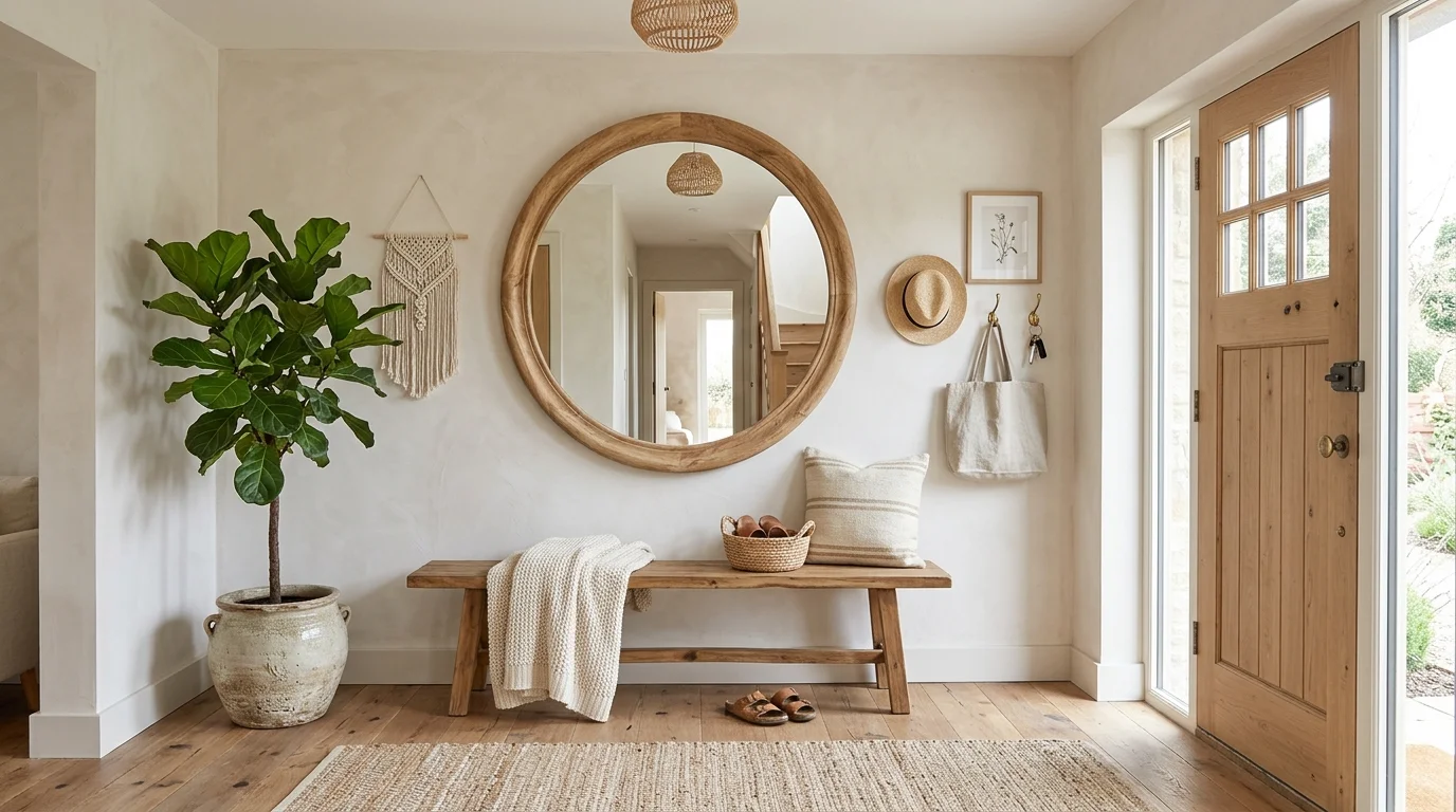 A serene boho entryway with neutral tones, oversized mirror, simple bench, and soft greenery, calm welcoming first impression, natural diffused daylight, no people