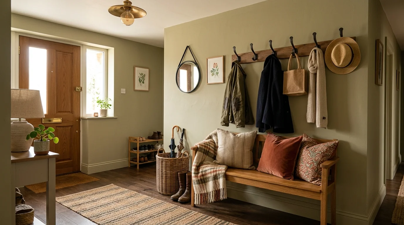 A cozy entry with a bench layered with cushions and a throw paired with wall hooks for coats warm soft lighting inviting design no people