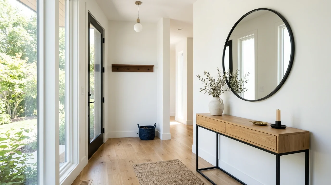 A modern entryway with minimalist decor sleek console and simple accents bright natural light clean stylish look no people