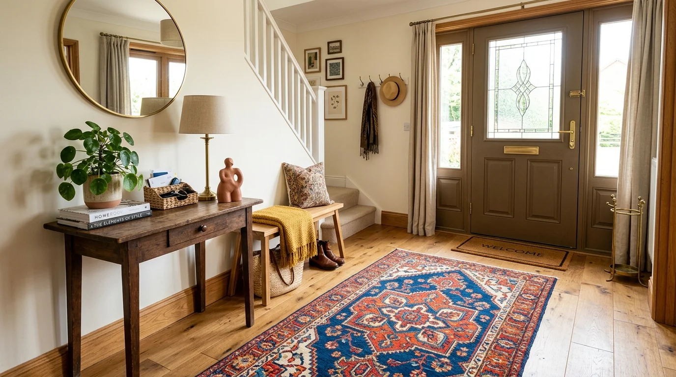 An entry with a statement rug and a small table with decor items bright natural daylight bold welcoming vibe no people