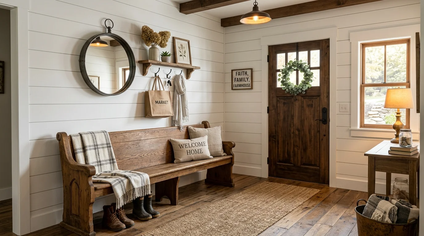 A farmhouse style entryway with shiplap walls a wooden bench and rustic decor warm lighting charming cozy feel no people