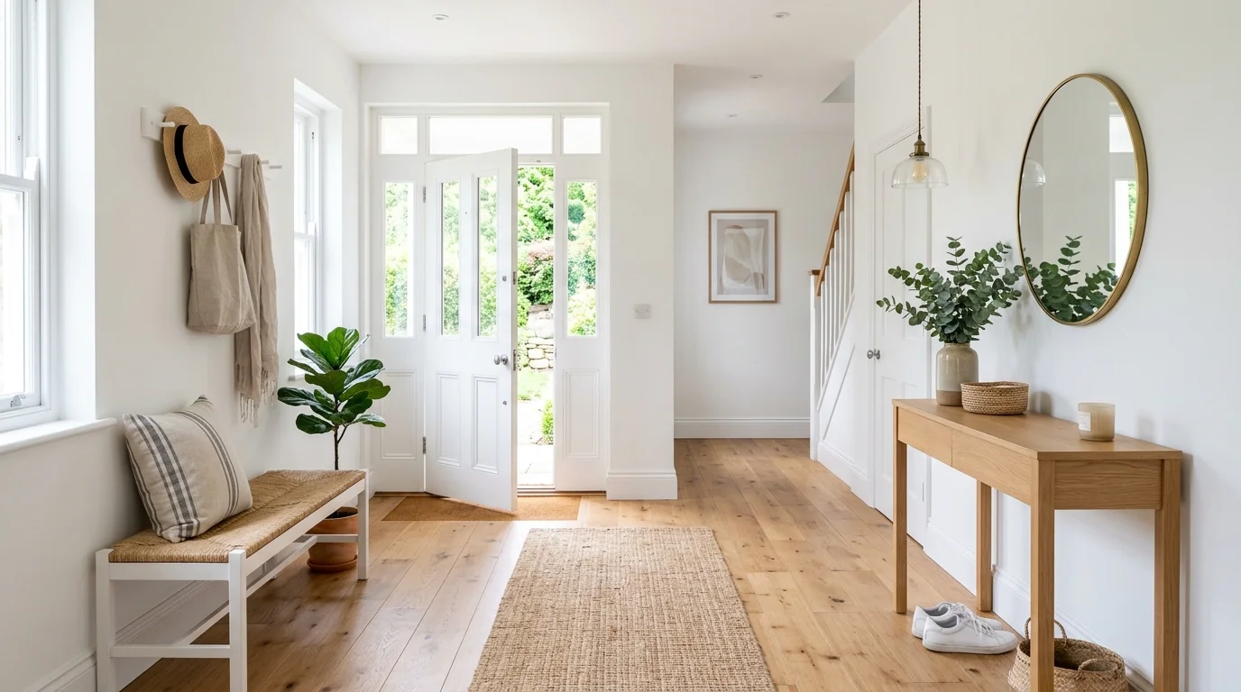 A bright entryway with white walls and wooden flooring paired with simple decor bright natural daylight airy welcoming space no people