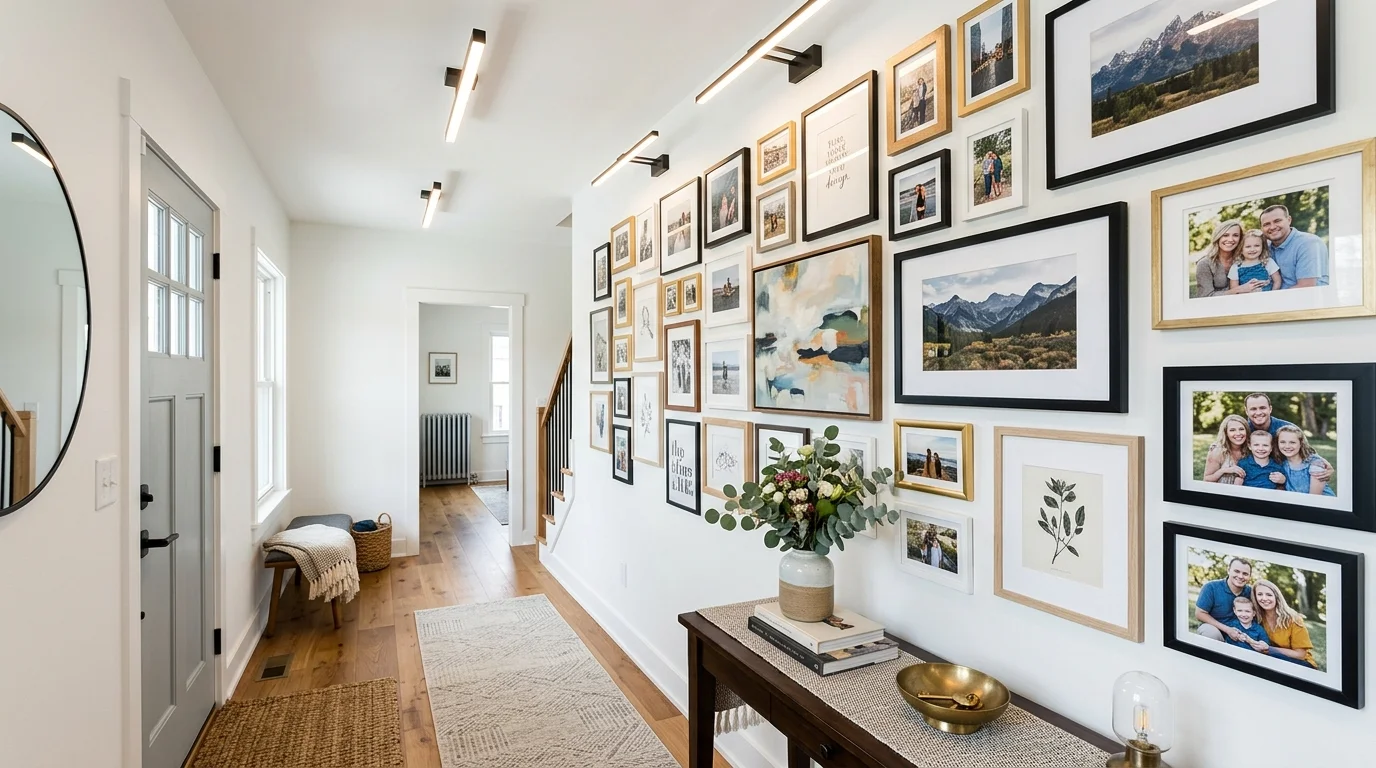 A hallway entry with a gallery wall of art and photos bright lighting personalized stylish design no people