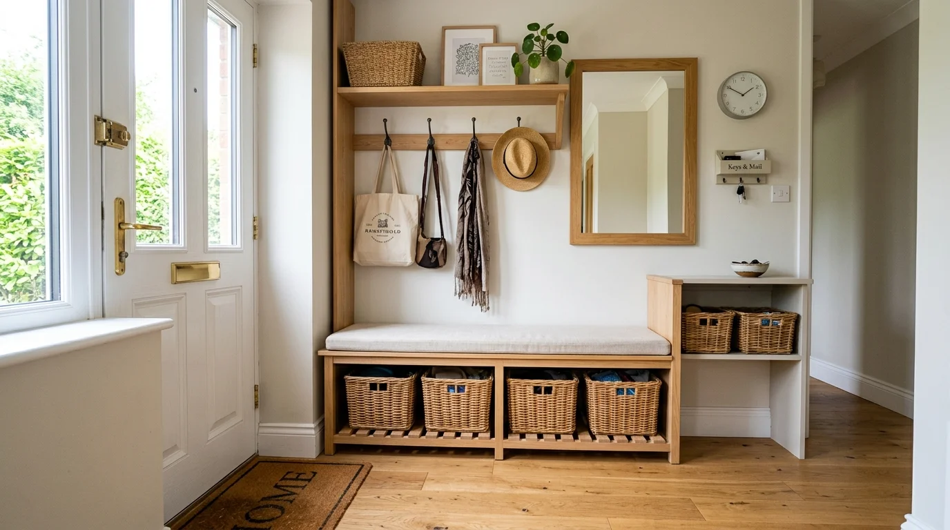 A small entry with smart storage including baskets and shelves bright natural light functional organized layout no people