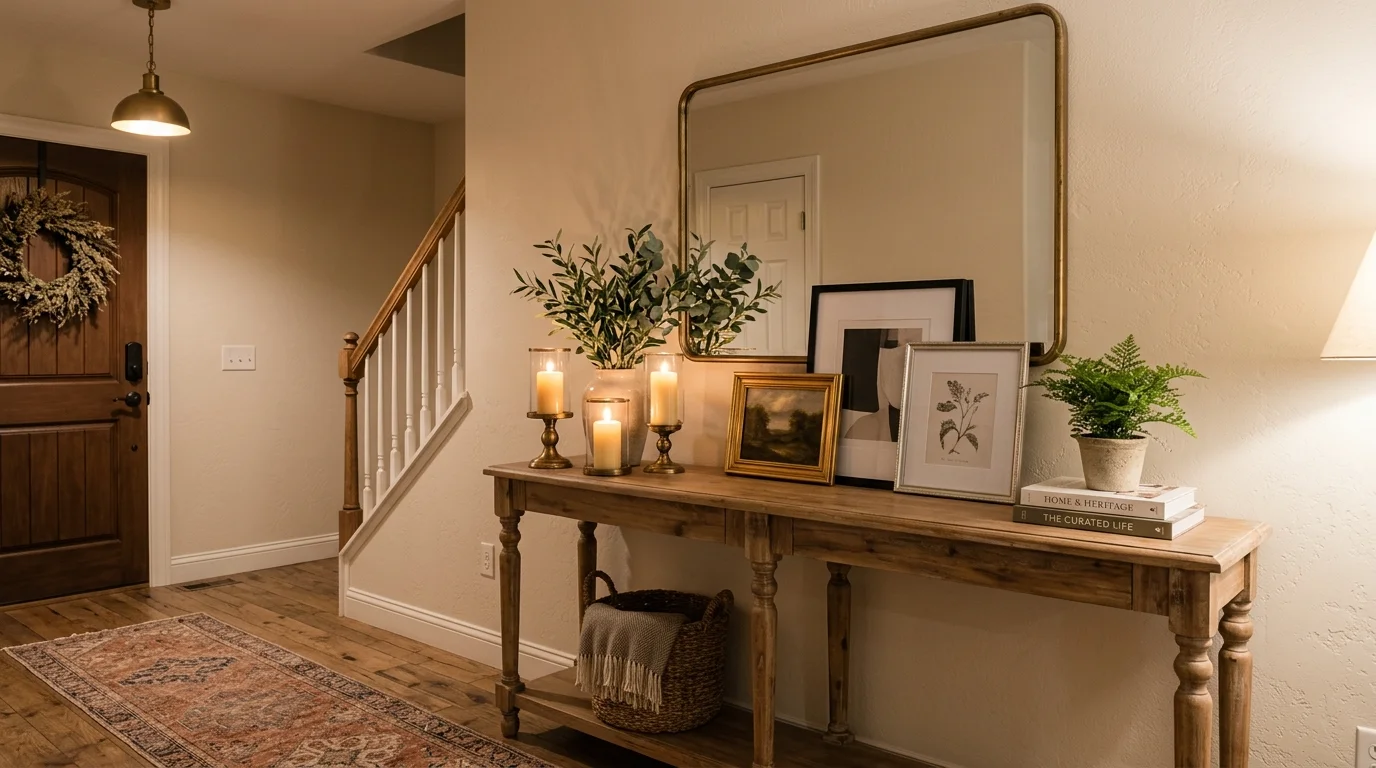 An entryway with a console table styled with candles greenery and framed art warm soft lighting elegant inviting atmosphere no people
