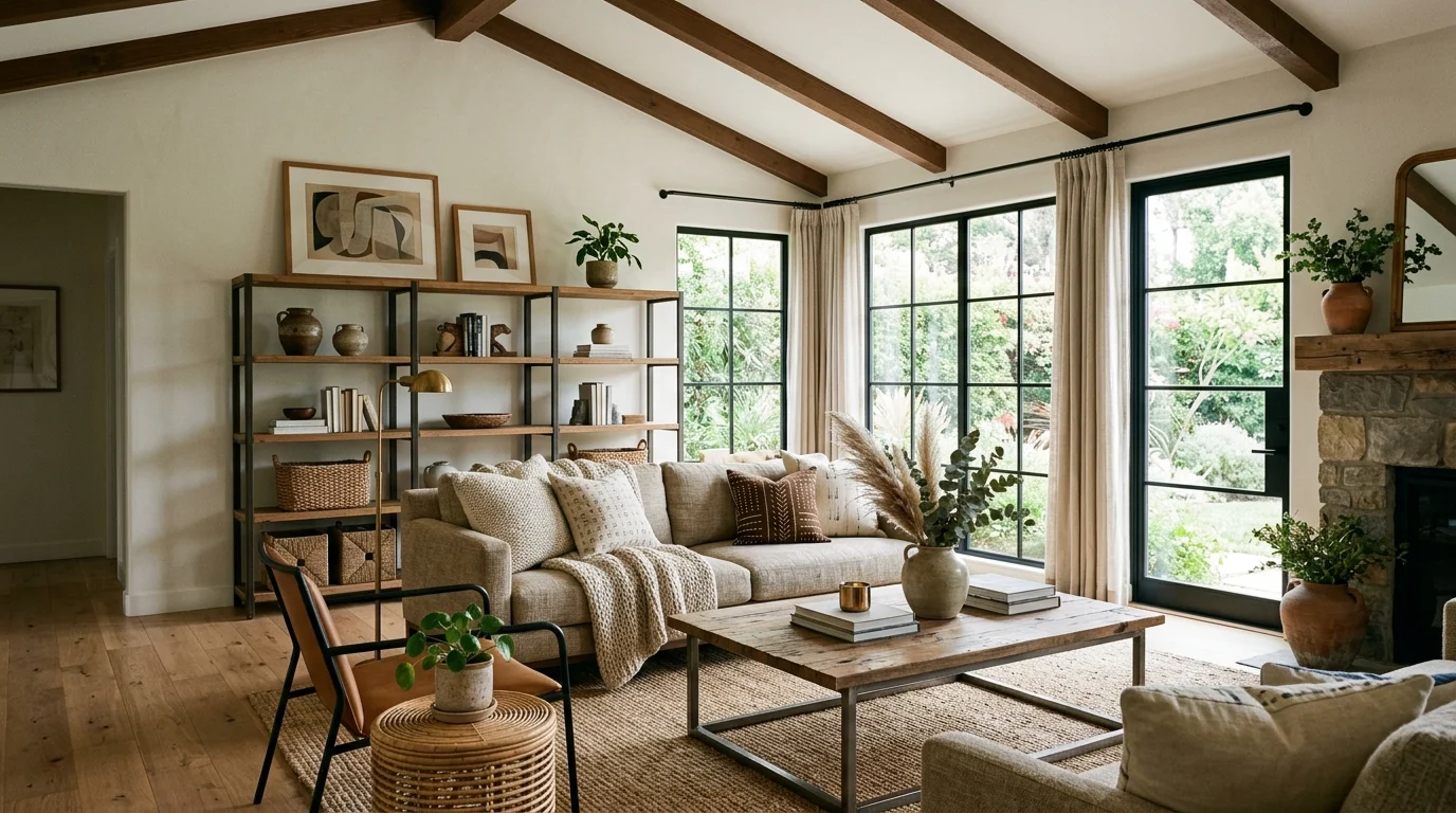 A space with a mix of textures including wood metal and woven elements bright natural light balanced decor no people