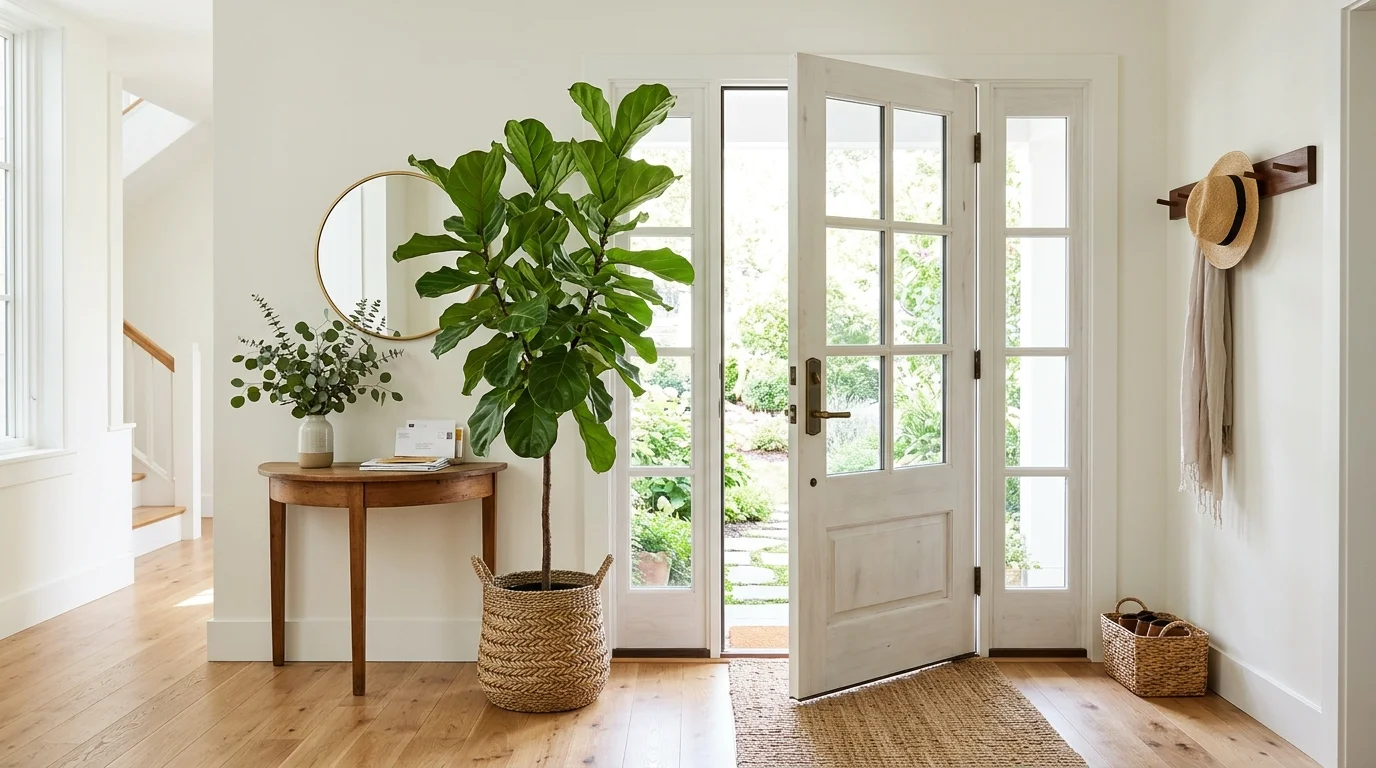 An entry with a tall plant placed near the door bright natural daylight fresh welcoming touch no people