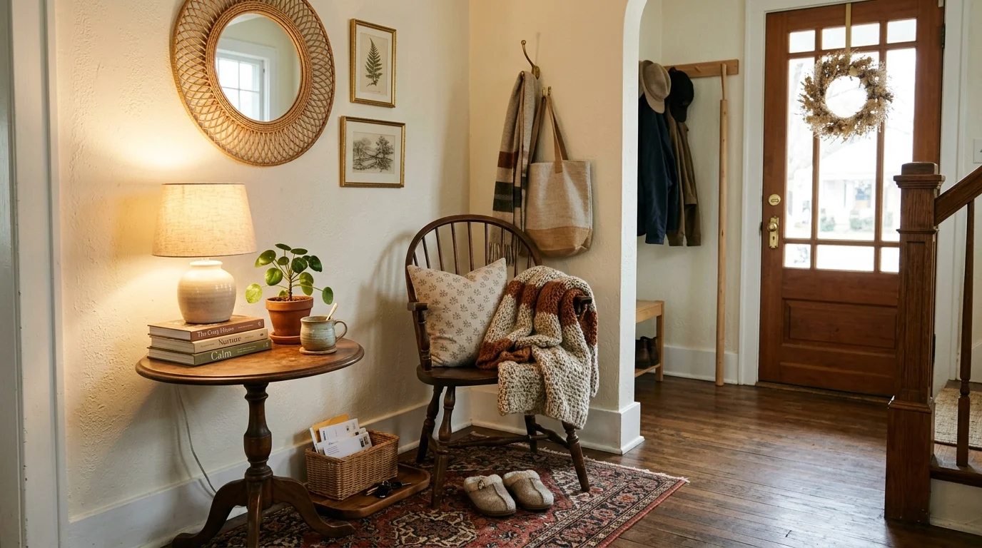 A cozy entry corner with a chair small table and decor items warm lighting relaxing inviting nook no people
