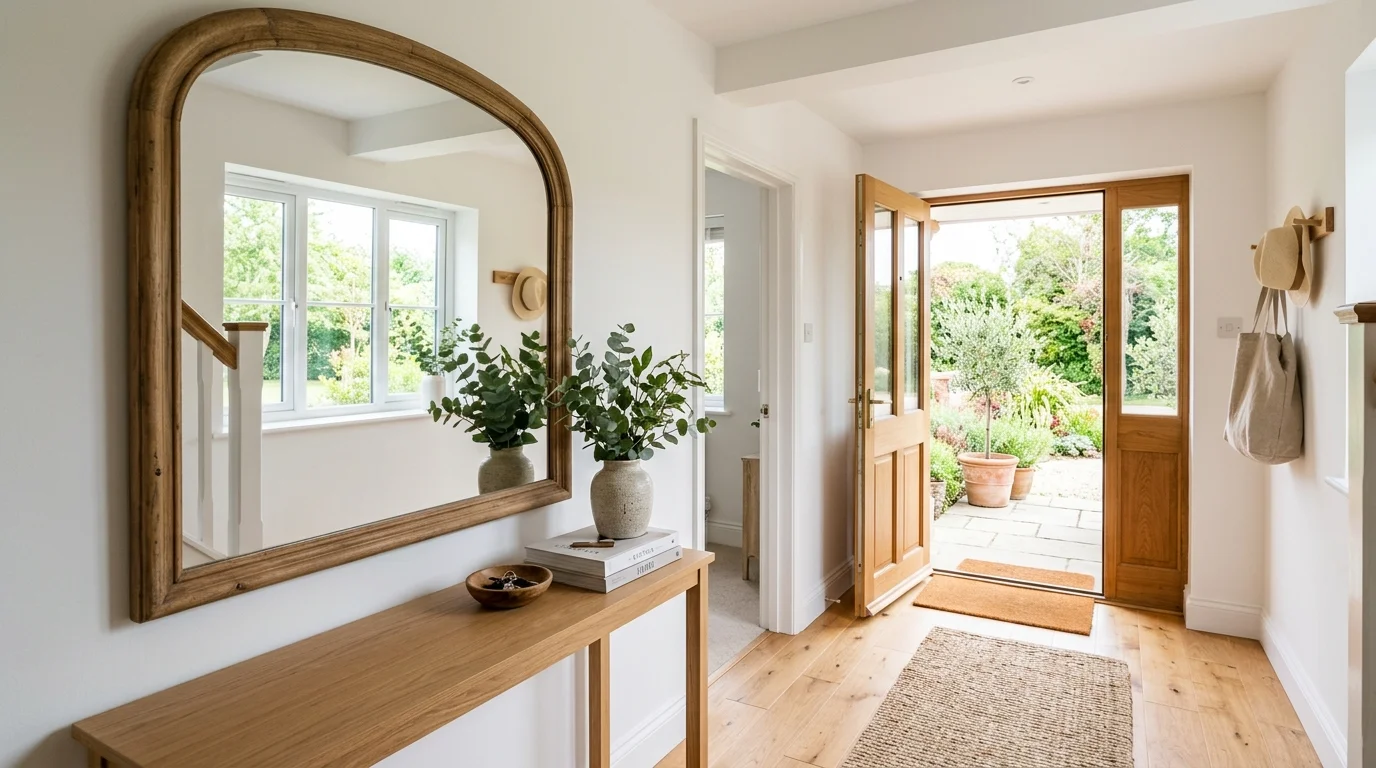 An entryway with a mirror reflecting natural light and simple decor bright natural daylight open welcoming feel no people