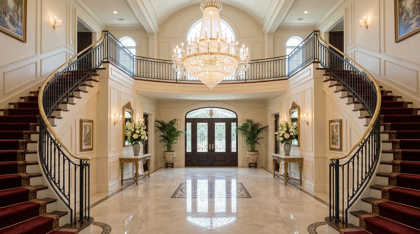 A grand entryway with a chandelier and symmetrical decor bright lighting luxurious first impression no people