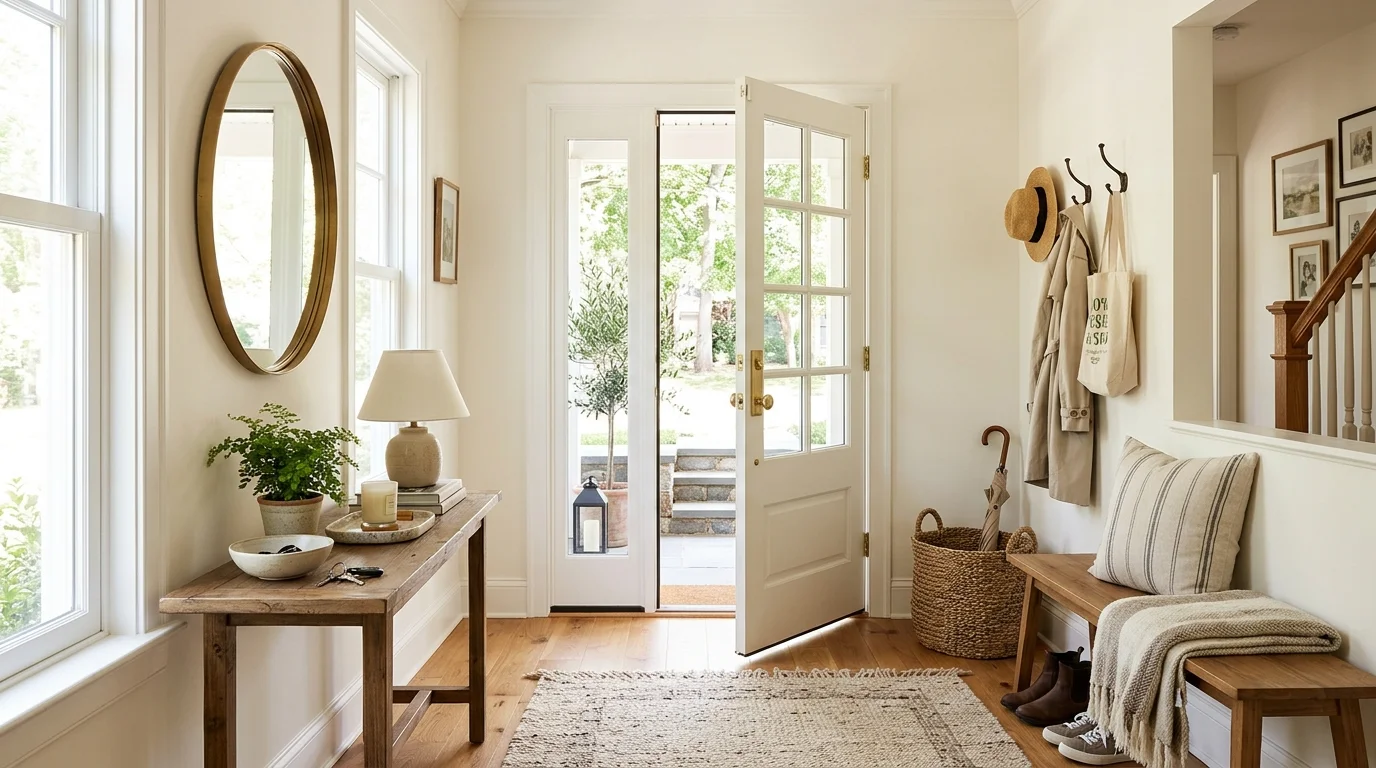 A well styled entry with a mix of functional and decorative elements bright natural daylight beautiful welcoming home entrance