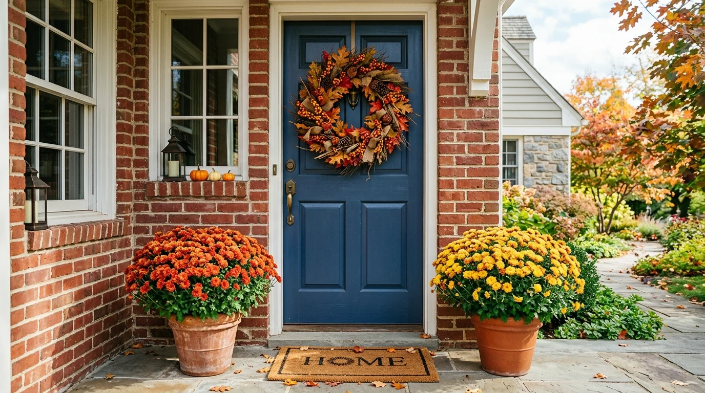A front door decorated with a large wreath of dried leaves and berries paired with potted mums on either side bright natural daylight cheerful seasonal entrance no people
