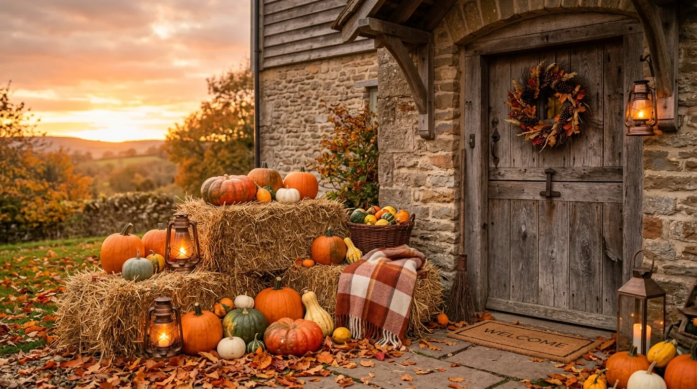A rustic setup with hay bales pumpkins and lanterns arranged near the doorway warm sunset lighting cozy harvest vibe no people