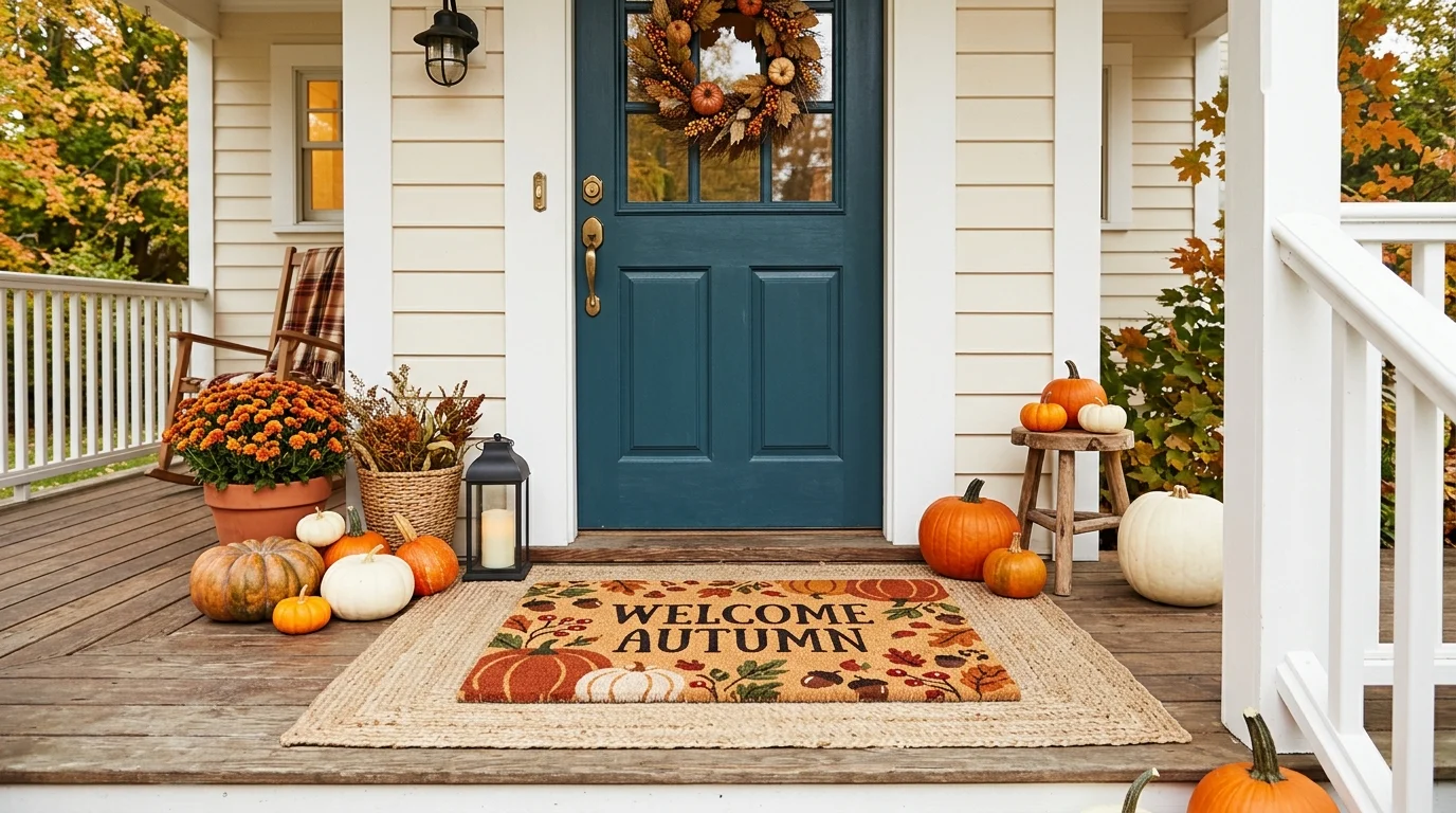 A porch with a patterned fall doormat layered with a neutral rug and decorated with pumpkins bright natural light stylish welcoming entry no people