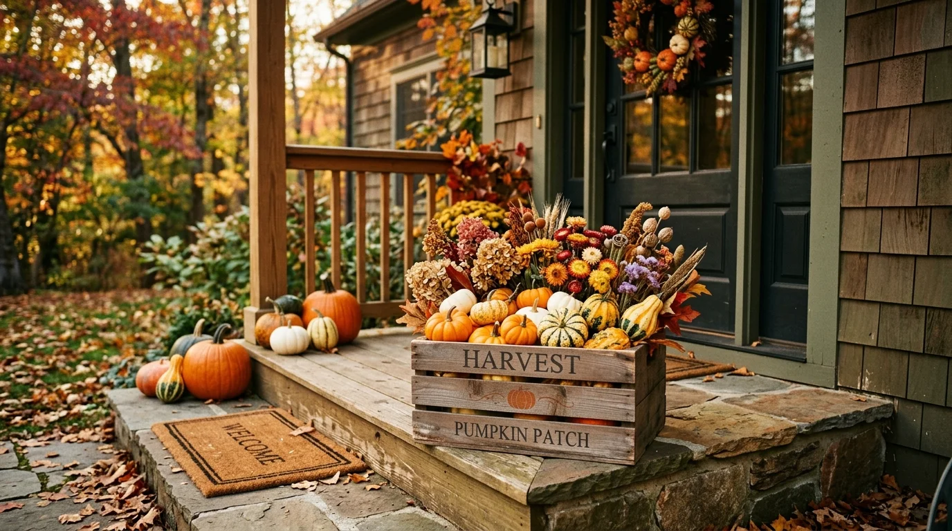 A wooden crate display filled with pumpkins gourds and dried flowers placed on a porch step warm lighting rustic autumn charm no people