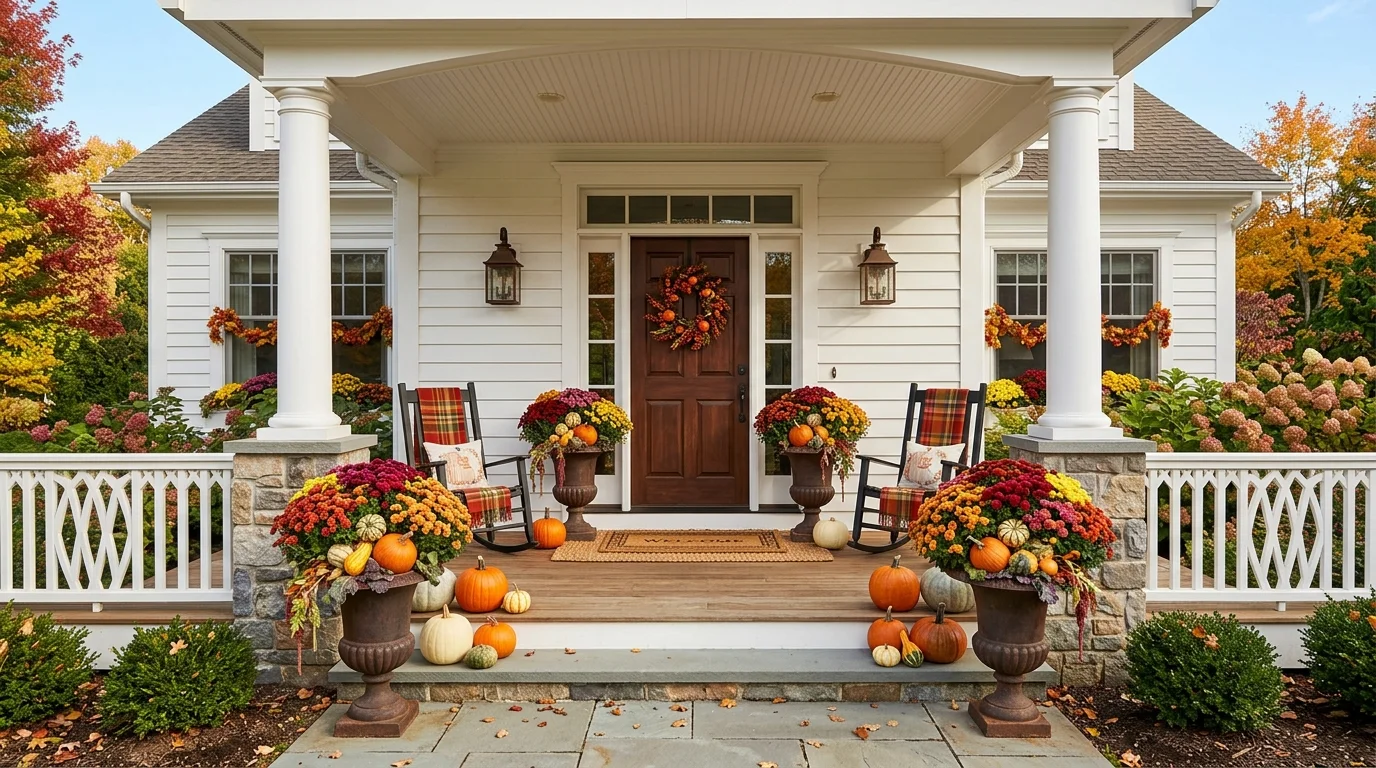 A front porch with symmetrical decor including matching planters filled with mums and pumpkins bright natural daylight balanced elegant look no people