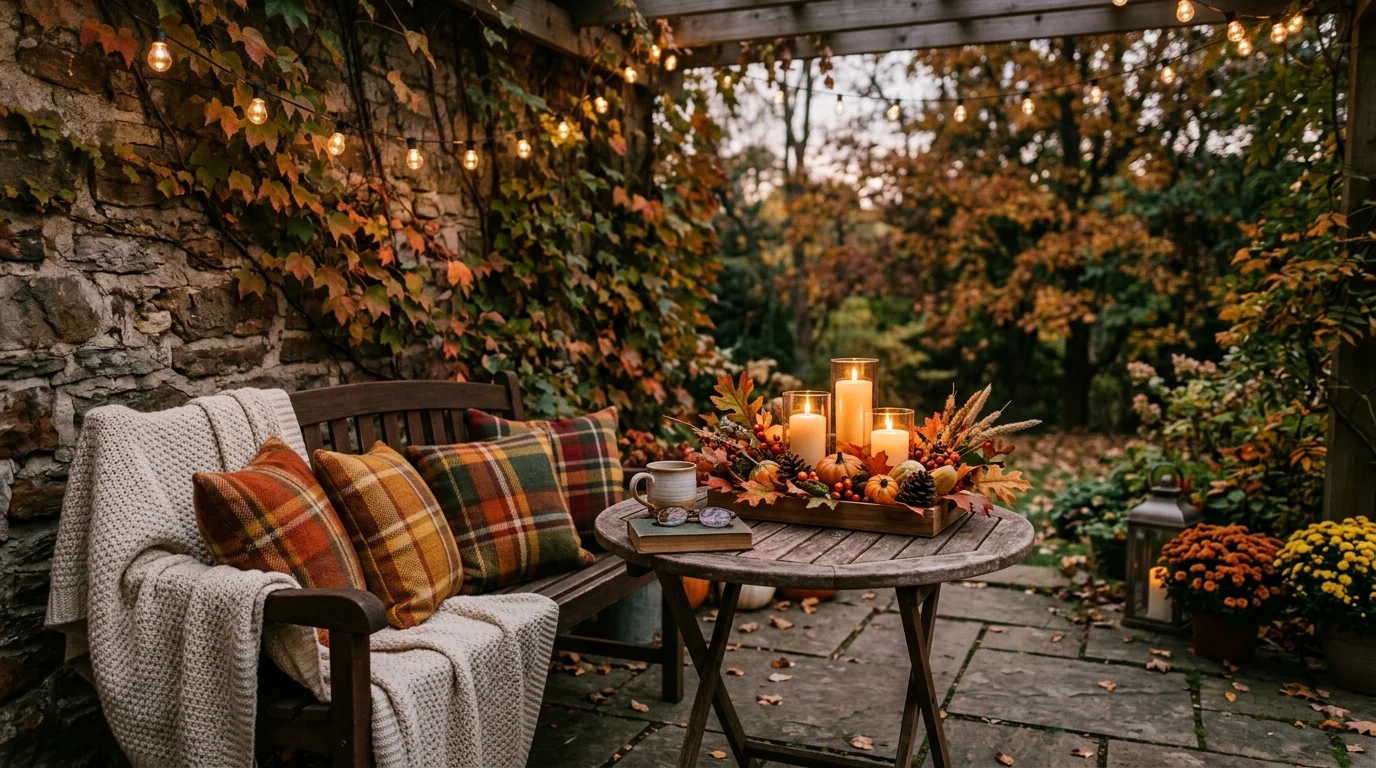 A cozy seating area with a small table holding a fall centerpiece of candles and foliage soft lighting inviting outdoor nook no people