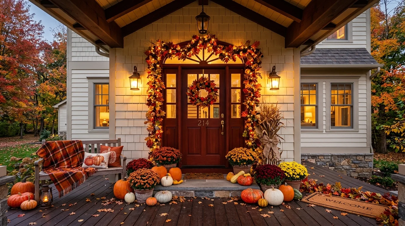 A porch decorated with garlands of fall leaves draped around the doorway bright lighting festive seasonal touch no people