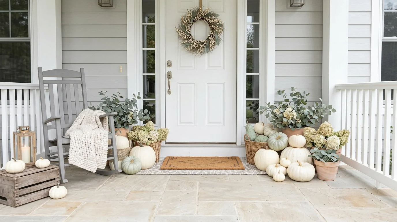A neutral toned porch with white pumpkins soft greenery and subtle decor bright natural light elegant understated fall style no people
