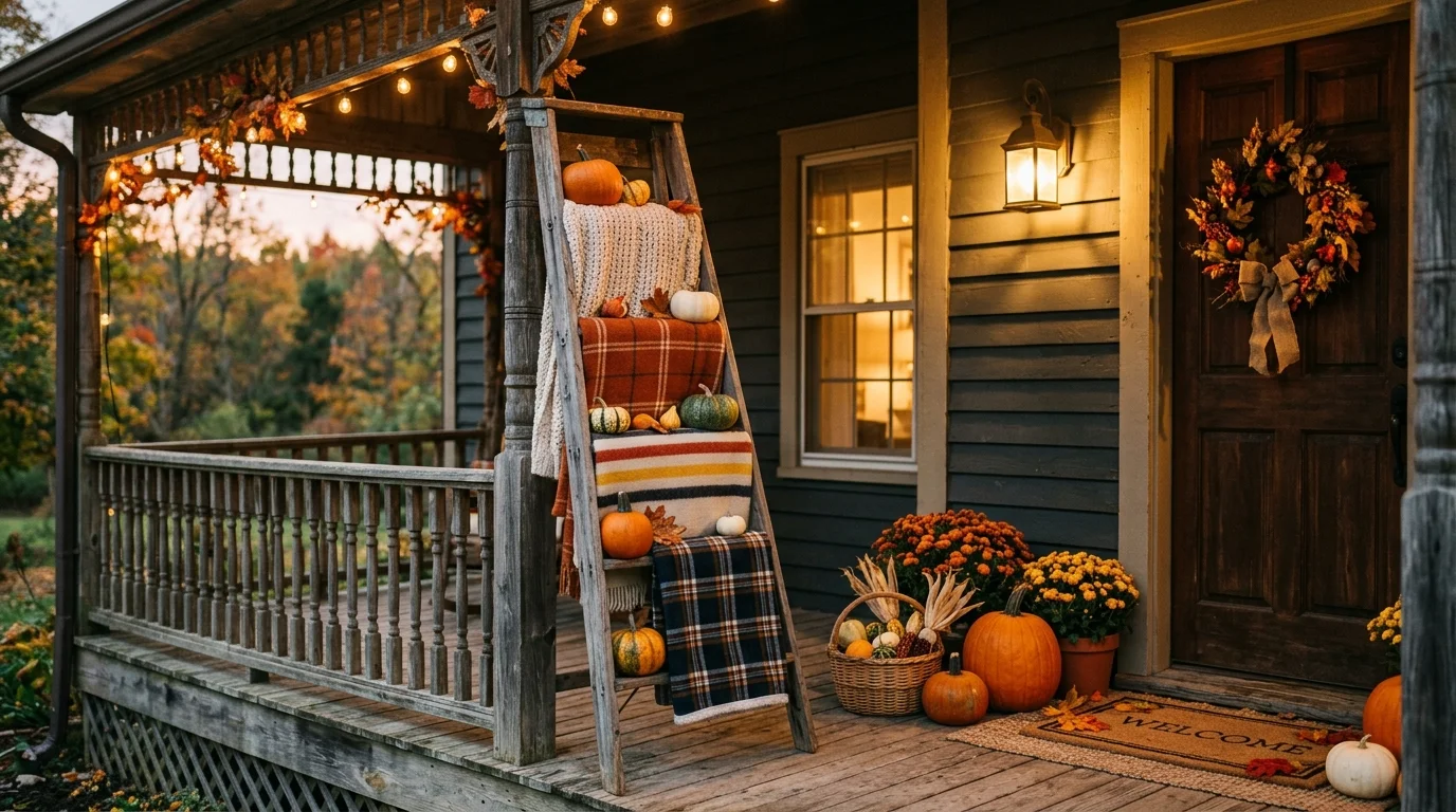 A farmhouse porch with a wooden ladder holding blankets and pumpkins warm soft lighting cozy welcoming display no people