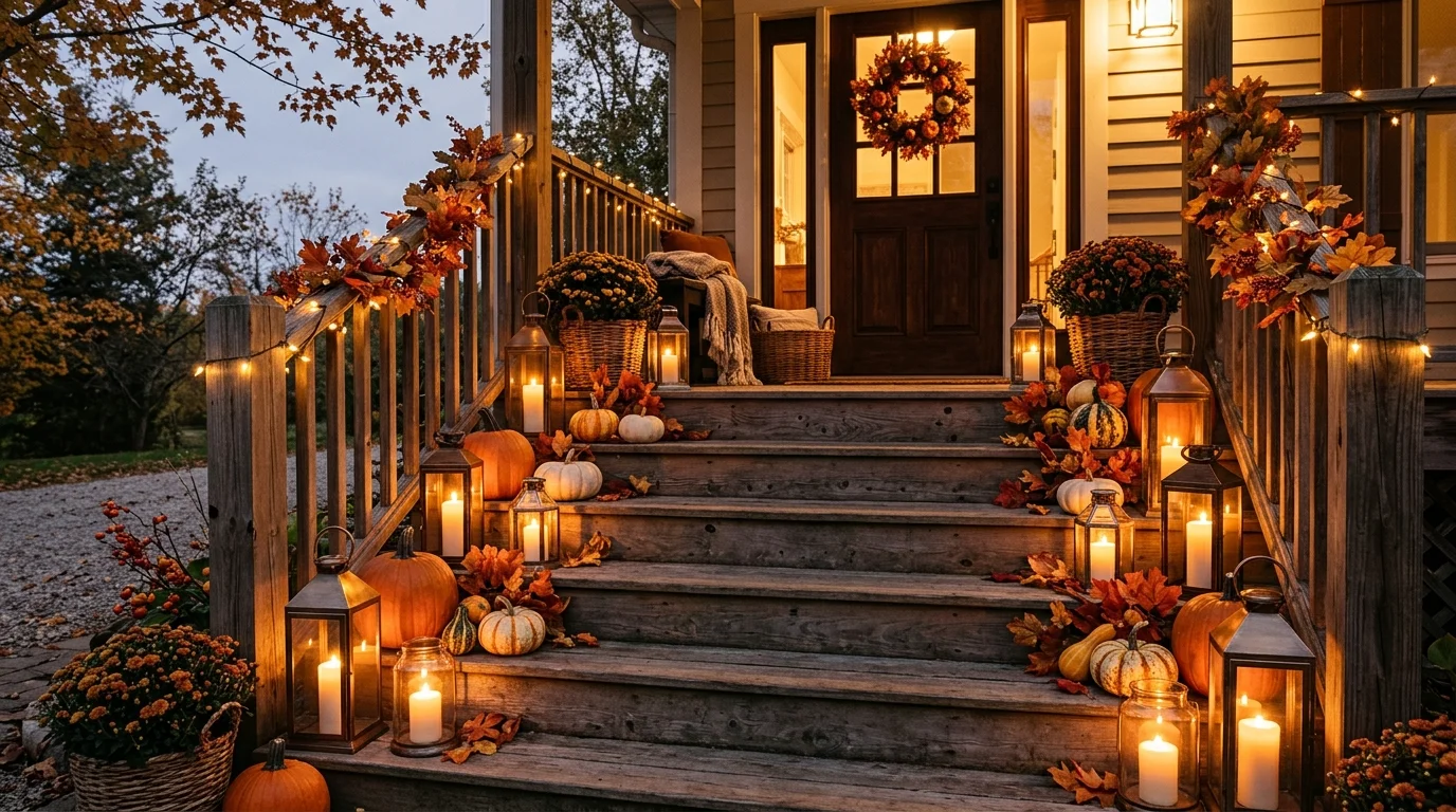 A porch with lanterns filled with candles and fall accents placed on steps warm ambient lighting inviting evening glow no people