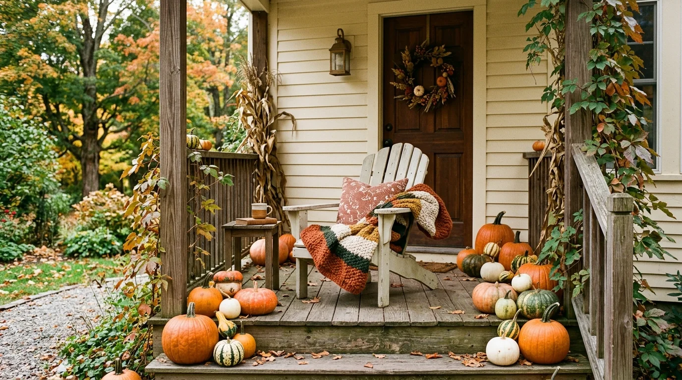 A small porch with a simple chair layered with a blanket and surrounded by pumpkins soft natural light cozy intimate fall setting no people