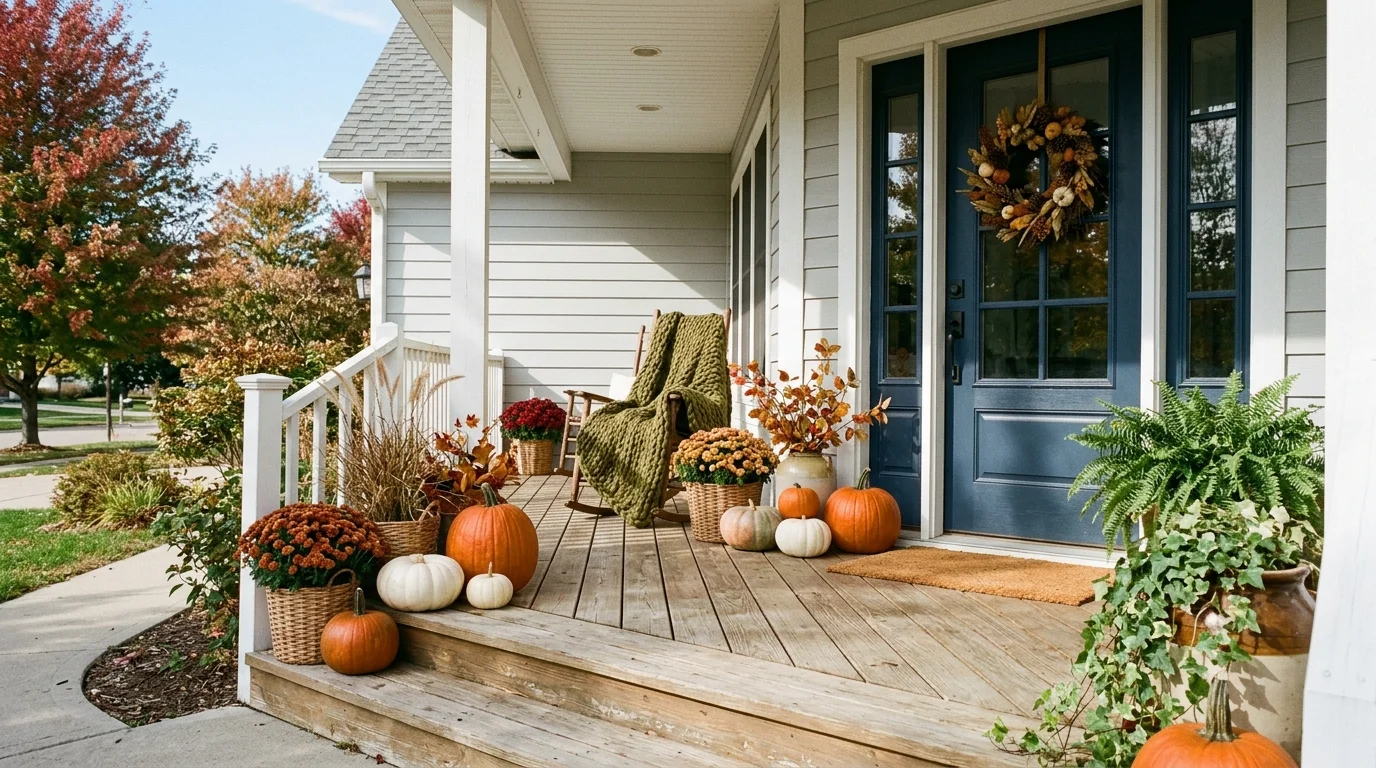 A front porch with a mix of textures including woven baskets pumpkins and greenery bright natural daylight warm inviting autumn curb appeal no people