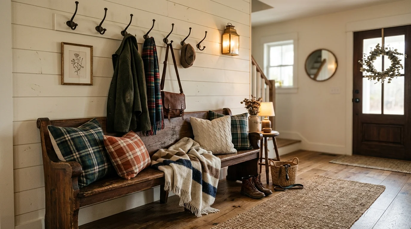 A cozy entry with a wooden bench layered with plaid pillows and a throw blanket paired with wall hooks for coats warm soft lighting inviting farmhouse style no people