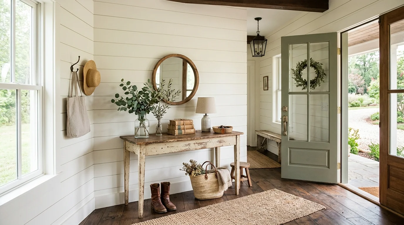 A rustic entryway with shiplap walls a distressed console table and simple decor bright natural light charming country aesthetic no people
