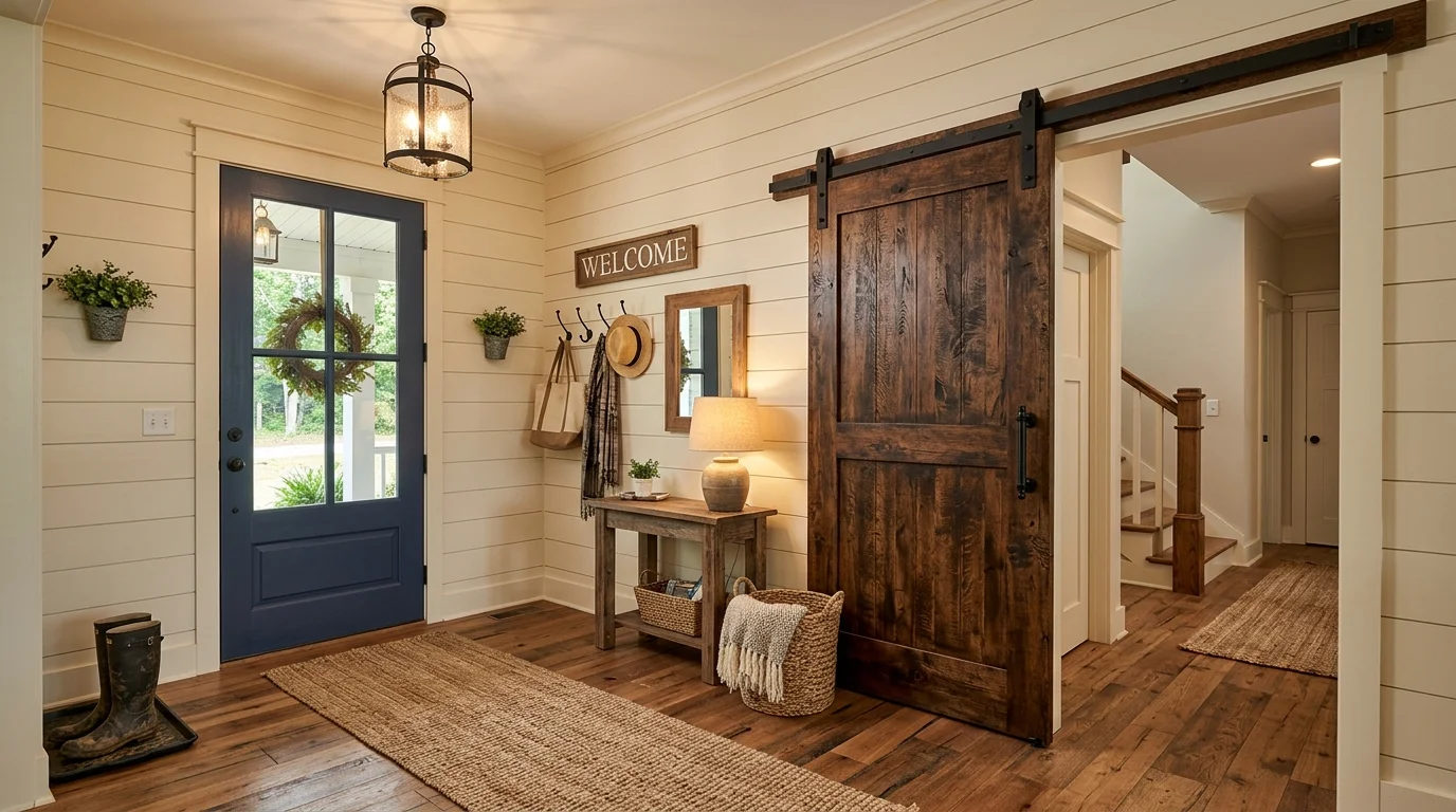 A front entry with a sliding barn door wooden accents and neutral tones warm lighting cozy farmhouse design no people