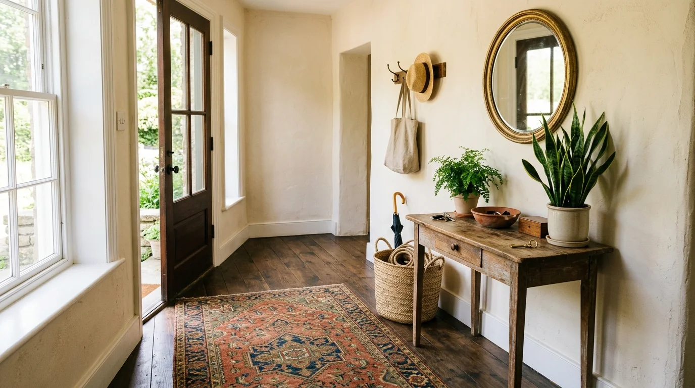 An entryway with a vintage style rug a small table and greenery arranged neatly bright natural daylight welcoming rustic vibe no people