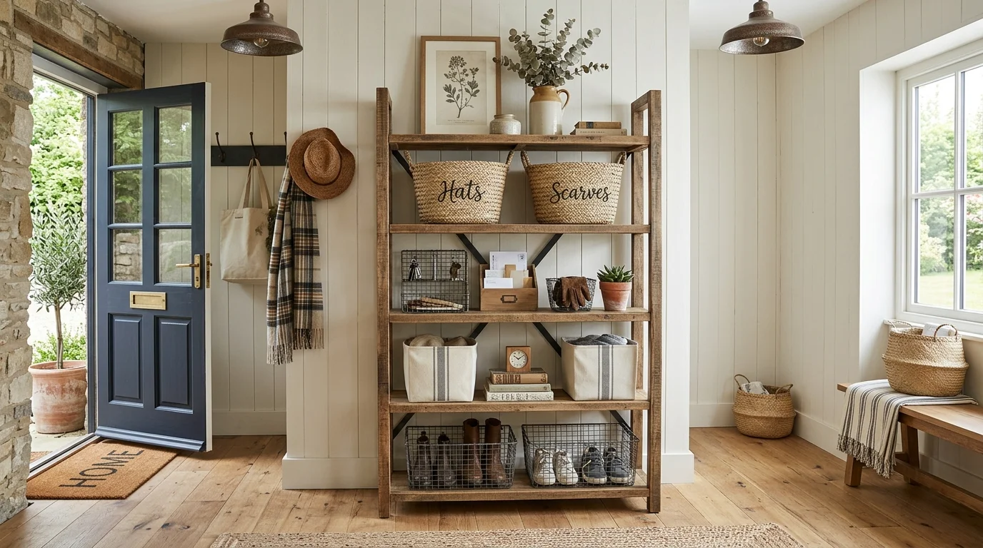 A farmhouse entry with a tall shelf unit holding baskets decor and storage items bright lighting functional stylish layout no people